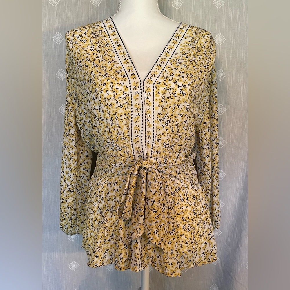 NWT Max Studio Yellow Floral Blouse with Tie Detail